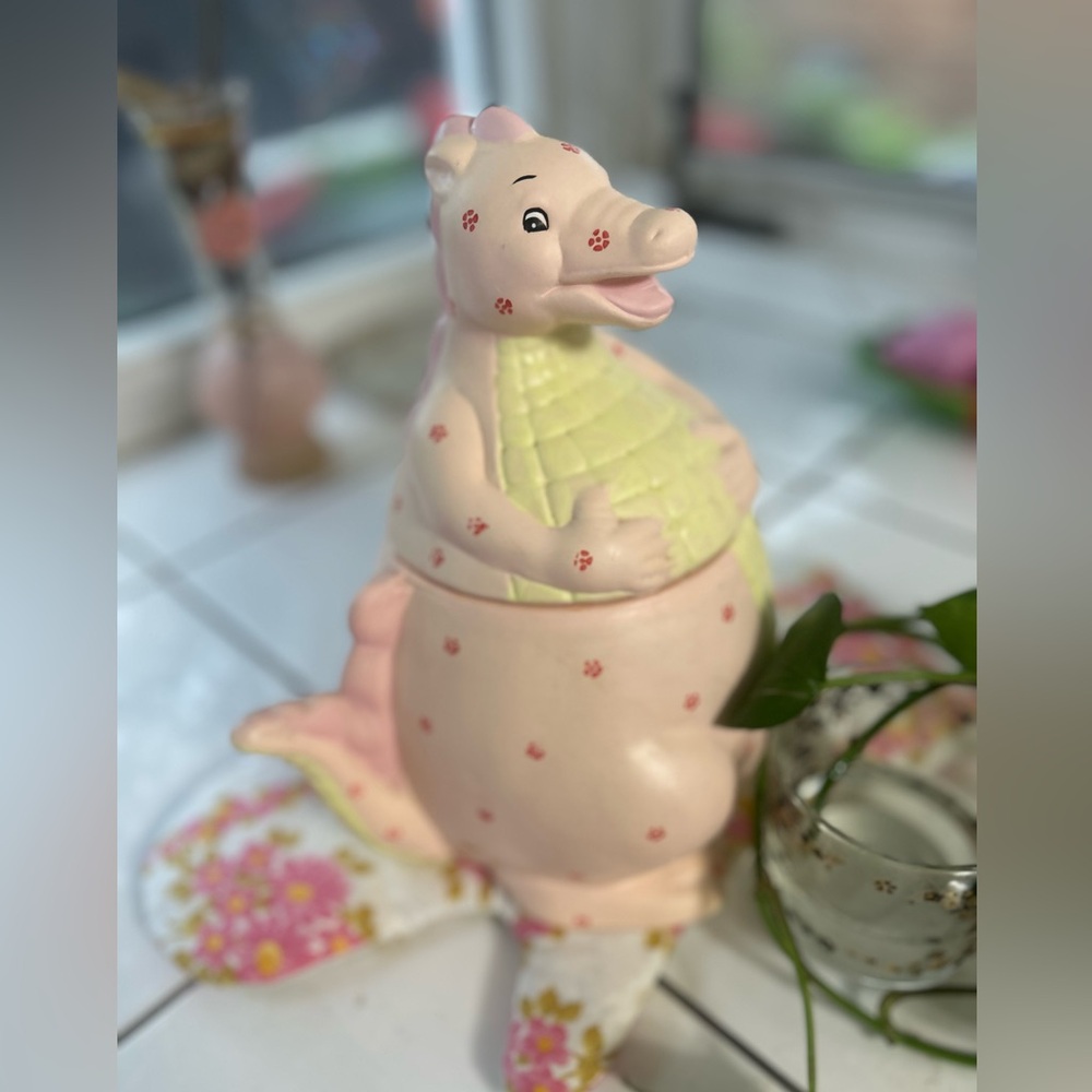 Vintage Berco Dinosaur Cookie Jar - quilted pastel design retro kitschy